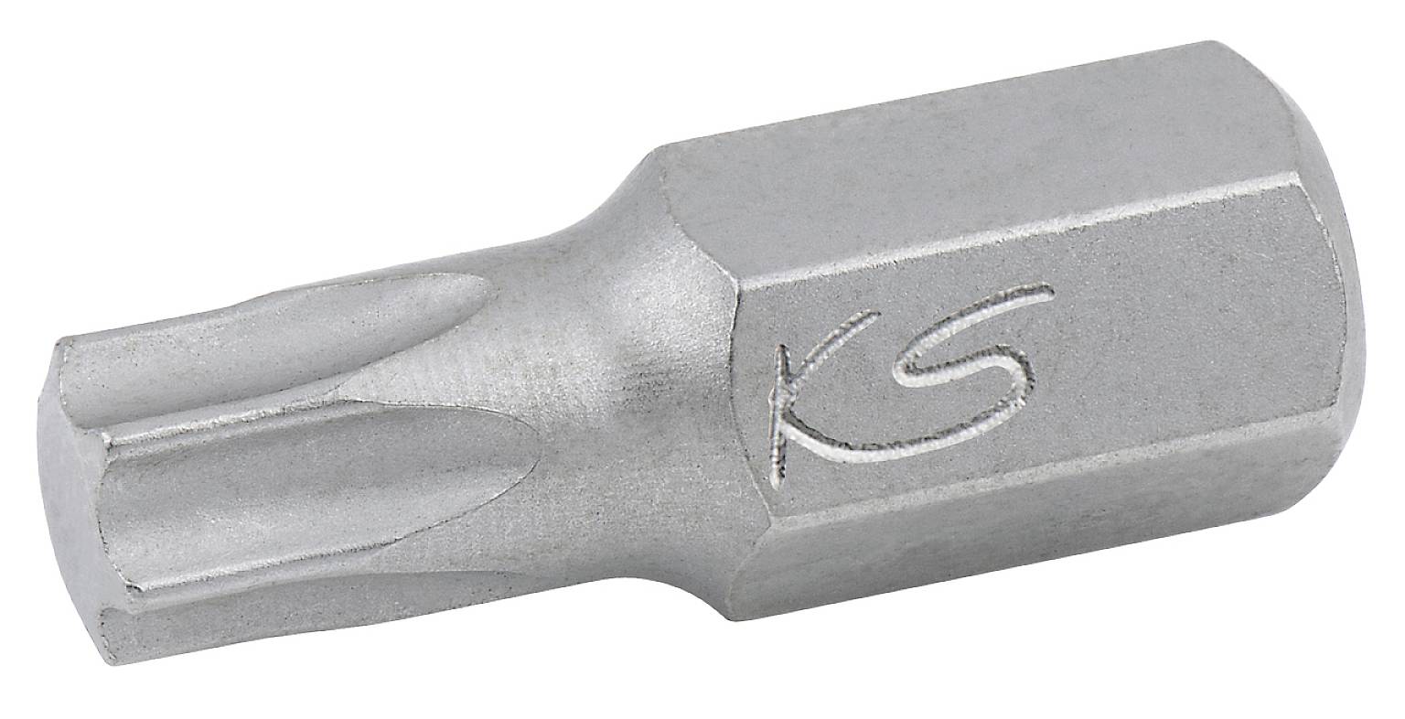 Ein silberner Torx-Bit für einen Schraubendreher, geprägt mit 'KS' an der Seite, verwendet zum Anziehen von Torx-Schrauben.