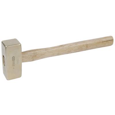 Holzhammer mit rechteckigem Metallkopf, seitlich liegend. Geeignet für schwere Arbeiten, wie das Einschlagen von Pfählen oder Bearbeiten von Metall.