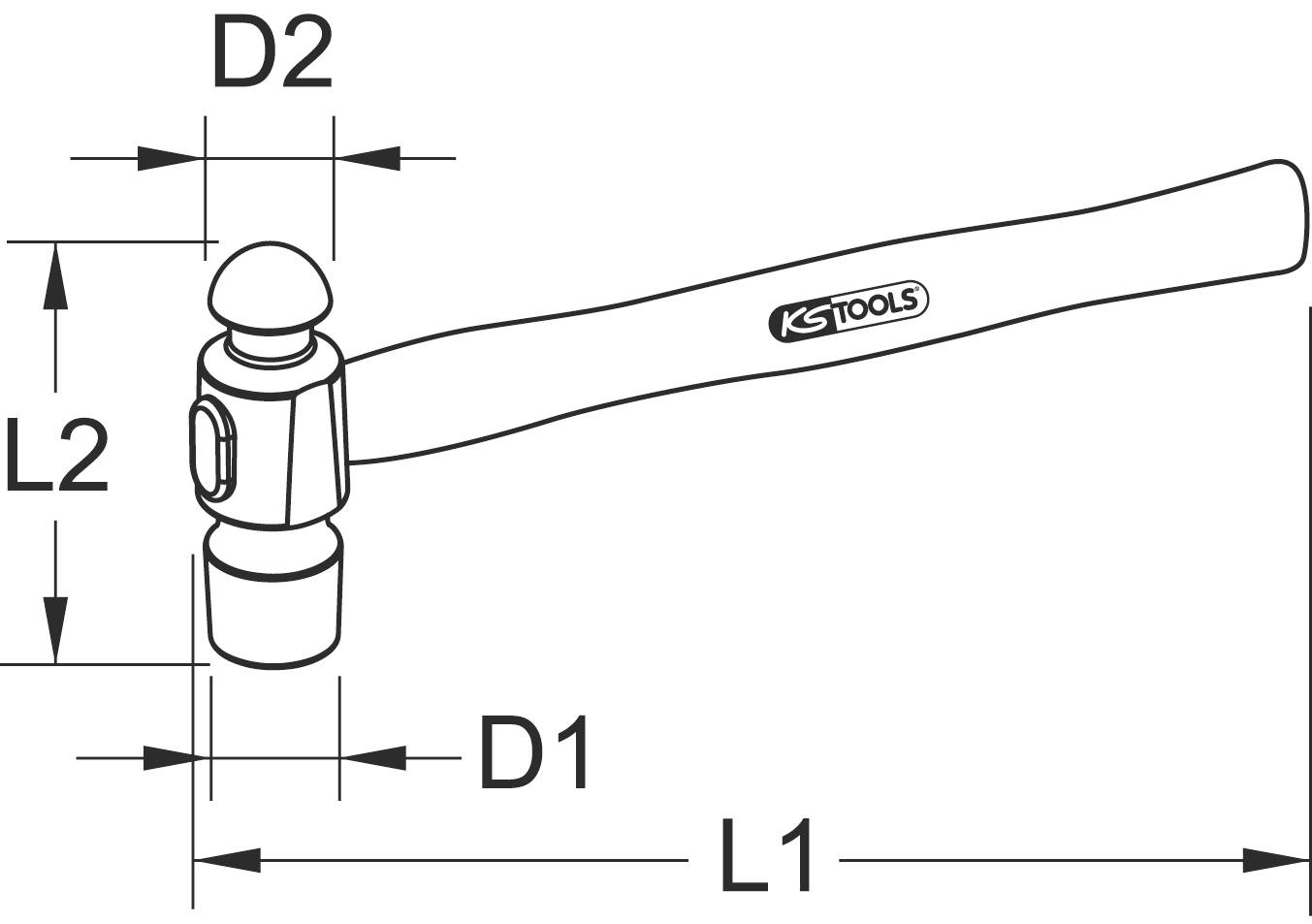 Diagramm eines Hammers mit Maßen: Länge L1 und D1 des Griffs, Durchmesser D2 und L2 des Kopfes. Markierung mit 'KS Tools'.
