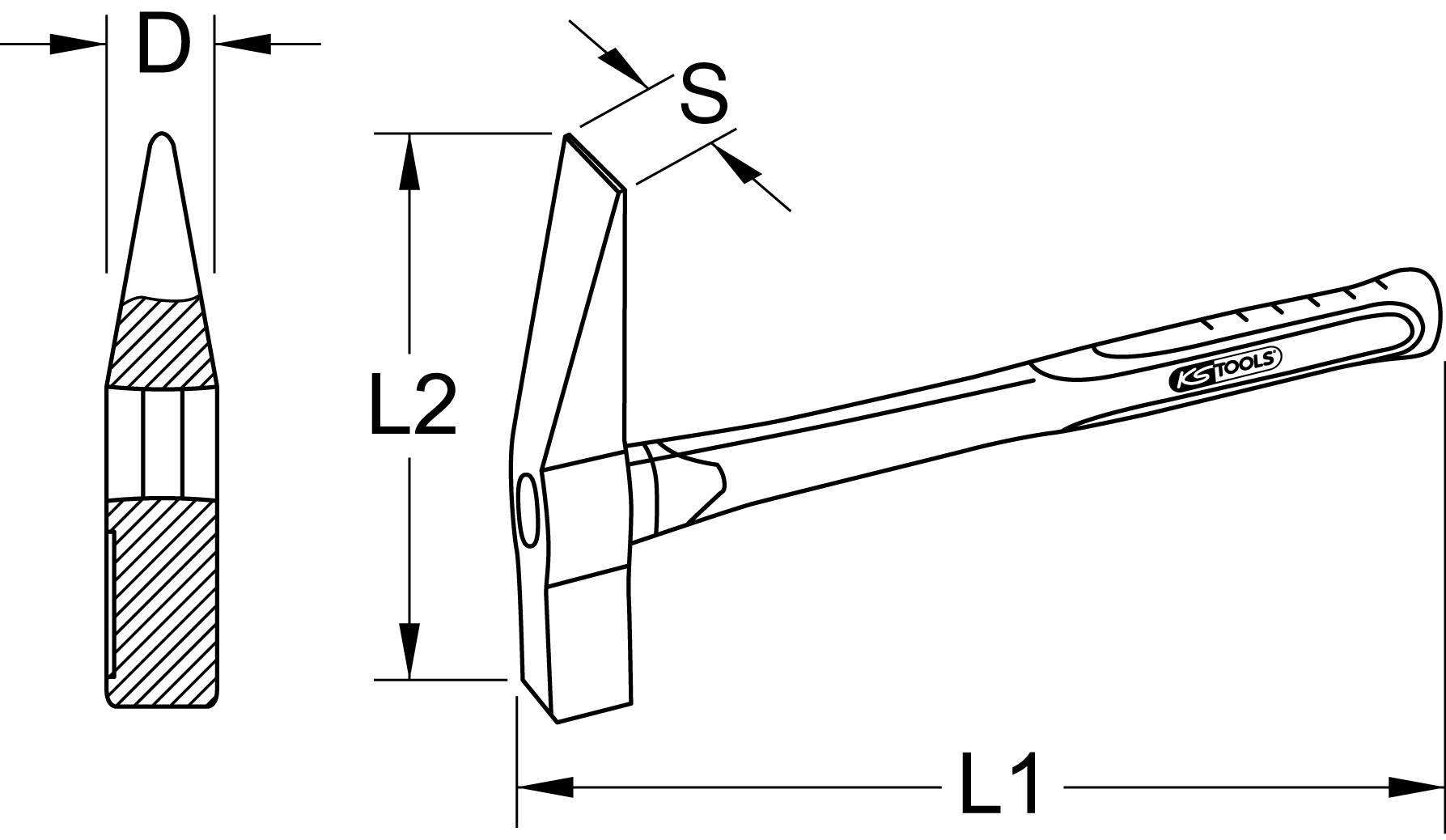 Technische Zeichnung eines Hammers mit Maßen: D, L1, L2, S. Seiten- und Vorderansicht eines Spitzhammers mit ergonomischem Griff.