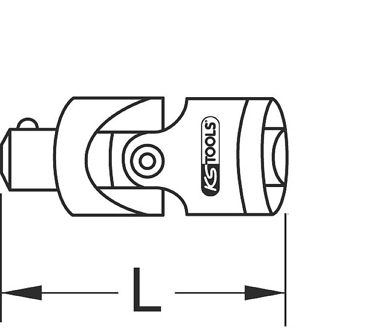 Zeichnung einer Universalgelenk-Steckschlüsselverlängerung mit Maßangabe 'L' zur Illustration der Länge. Logo 'KS TOOLS' sichtbar.