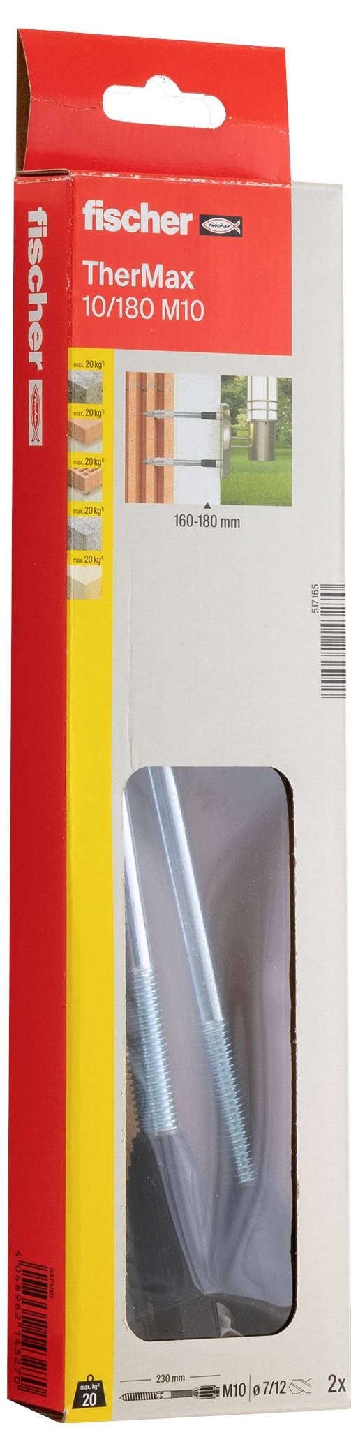 Die Verpackung zeigt fischer TherMax 10/180 M10 Schrauben. Aufdruck enthält ein Anwendungsbeispiel für Montage an Fassaden.