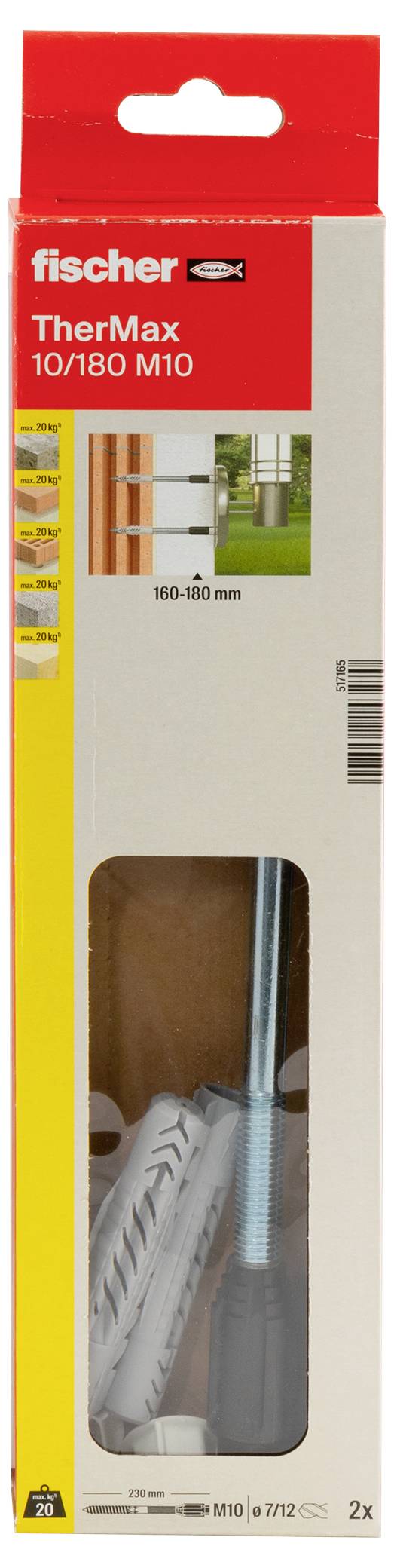 Verpackung des Fischer TherMax 10/180 M10, ein Set aus Dübel und Schraube zur Befestigung von Gegenständen in Dämmmaterial.