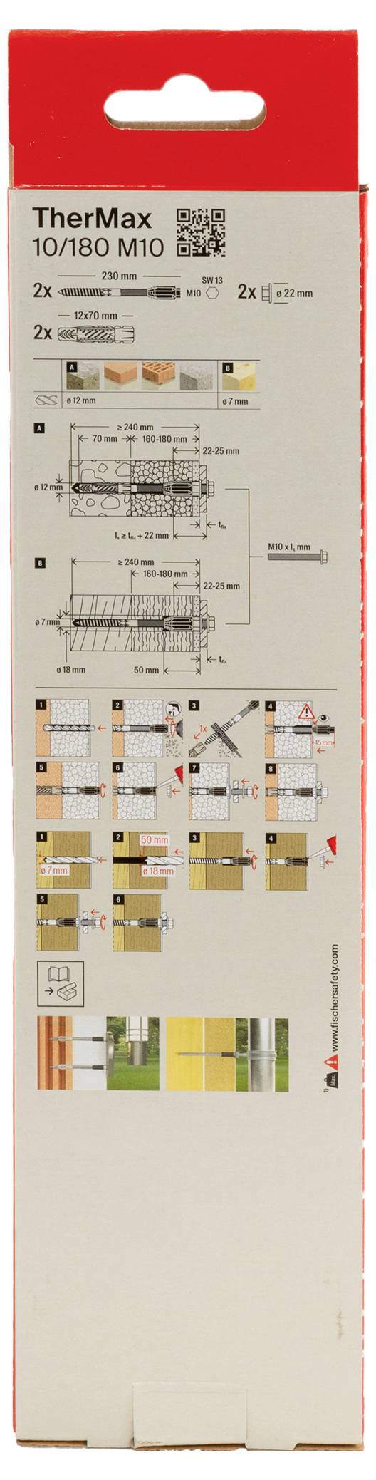Verpackung eines TherMax 10/160 M10 Montage-Sets mit Illustrationen und Anleitungen zur richtigen Installation an Wänden.