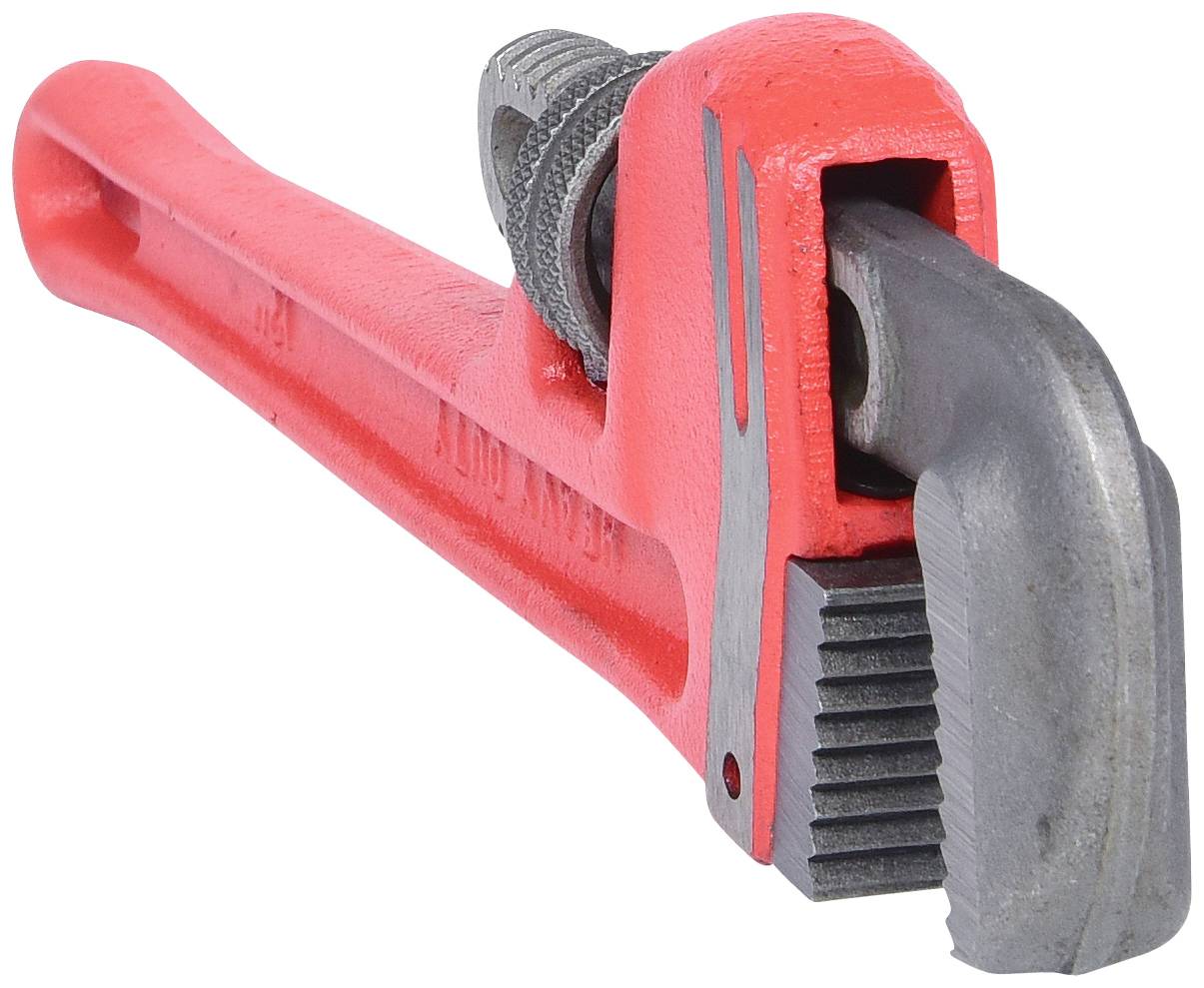 Ein roter Rohrschlüssel aus Metall mit verstellbarem Kopf, verwendet zum Greifen und Drehen von Rohren.