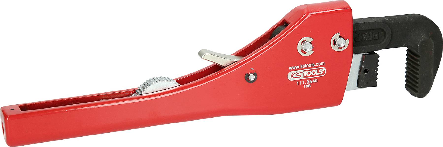 Ein roter Rohrschneider mit schwarzem Griff, seitlicher Zahnradeinstellung und einem Hebel, zur Befestigung von Rohren.