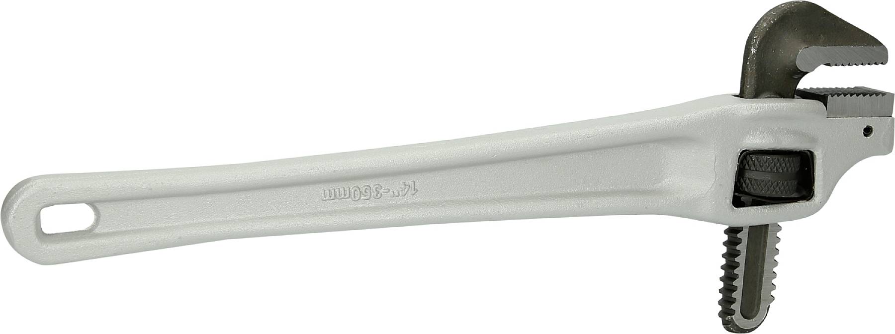 Ein verstellbarer Rohrschlüssel aus Metall, mit gezackten Backen für das Greifen und Drehen von Rohren.