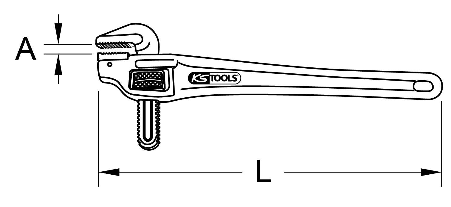 Maßzeichnung eines Schraubenschlüssels der Marke 'KS Tools'. Zeigt Zahngreifer mit der Breite 'A' und die Gesamtlänge 'L'.