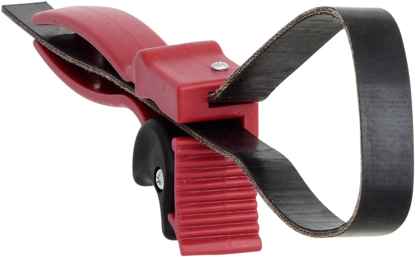 Roter und schwarzer Ölfilterschlüssel mit verstellbarem Griff und Gummiband zur Entfernung von Autoölfiltern in Werkstätten.