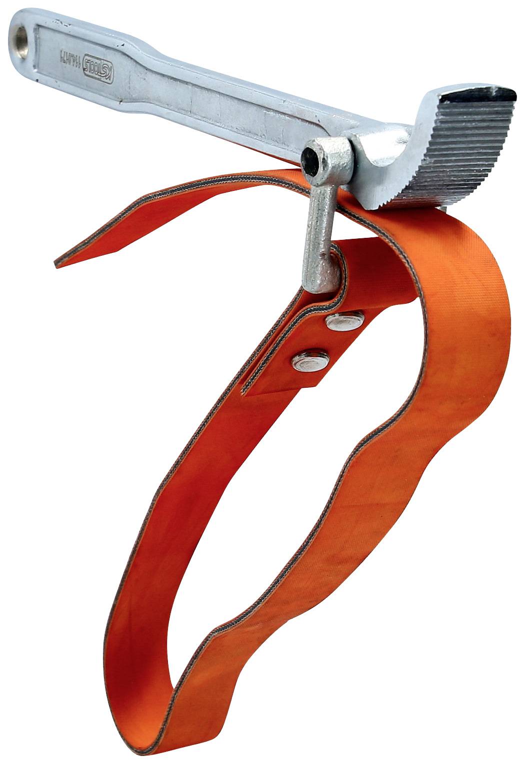 Eine Rohrzange mit einem rutschfesten, orangefarbenen Band für festen Halt an glatten Oberflächen.