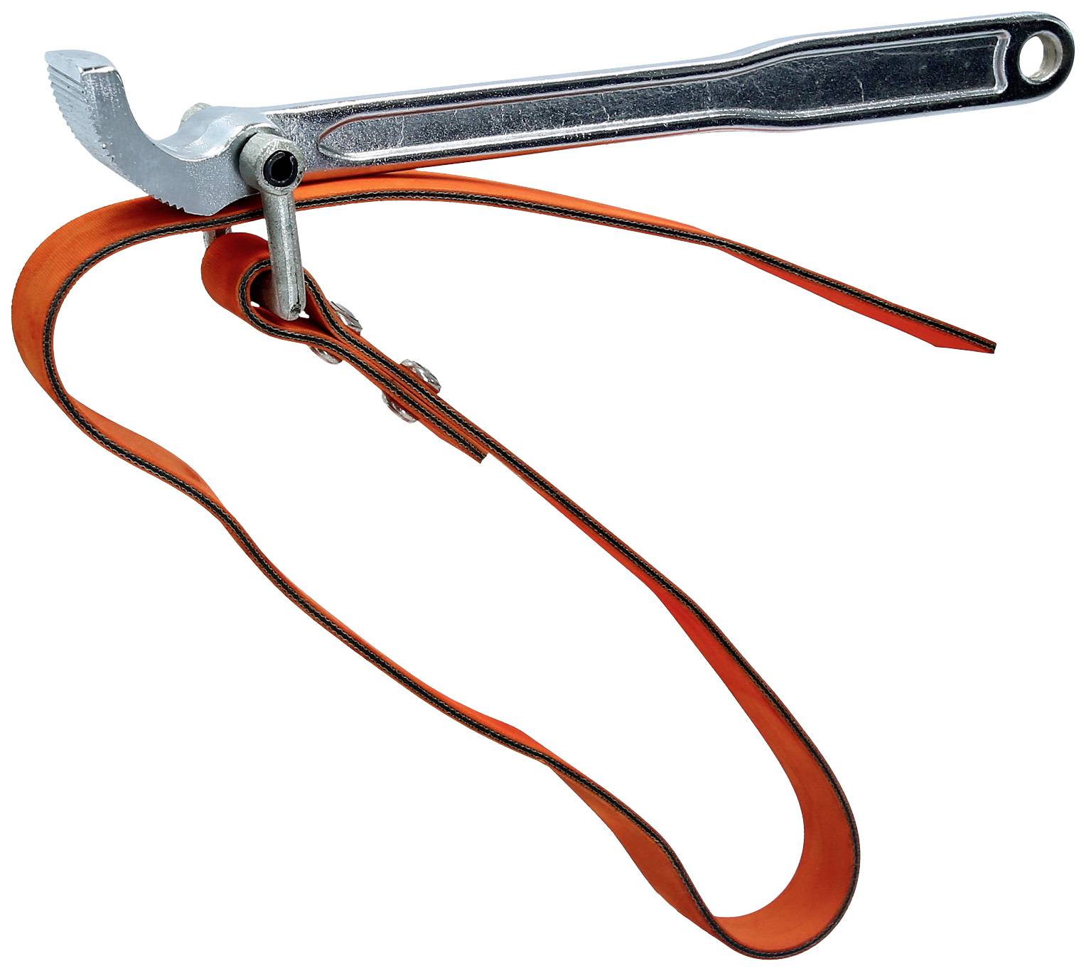 Ein Rohrschlüssel mit einem langen, orangenen Lederriemen, der um ein Rohr oder eine runde Oberfläche gewickelt werden kann.