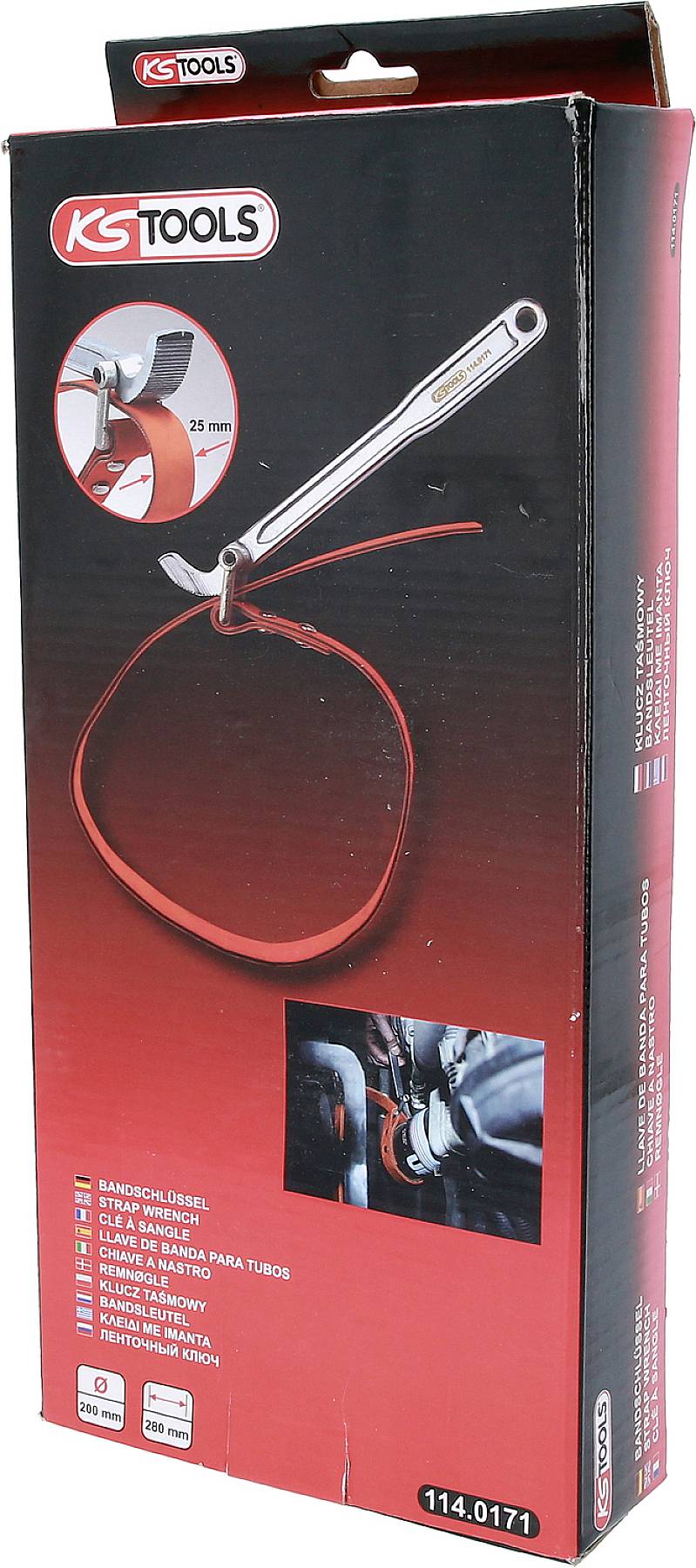 Verpackung eines Ölfilterband-Schlüssels mit Bild: Werkzeug greift zylindrischen Filter. Produktdetails auf rotem Hintergrund.