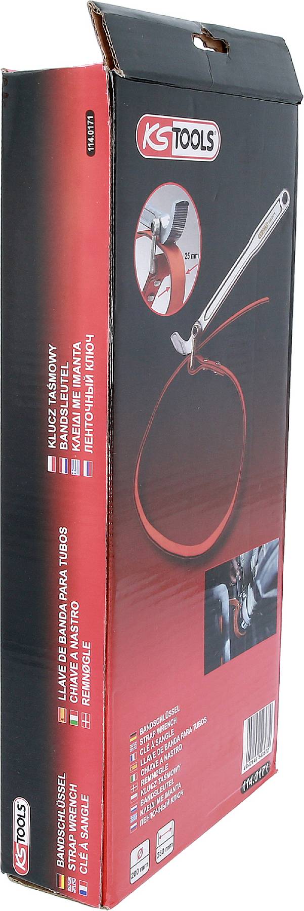 Verpackung eines KS Tools Universal-Ölfilterschlüssels mit Bild des Werkzeugs und rotem Band. Texte zeigen Funktionen und Produktdetails.