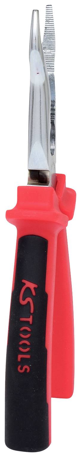Rote Zange mit schwarzem Griff, spitz zulaufenden Backen und einer Markenaufschrift am Griff. Geeignet zum Greifen oder Schneiden.
