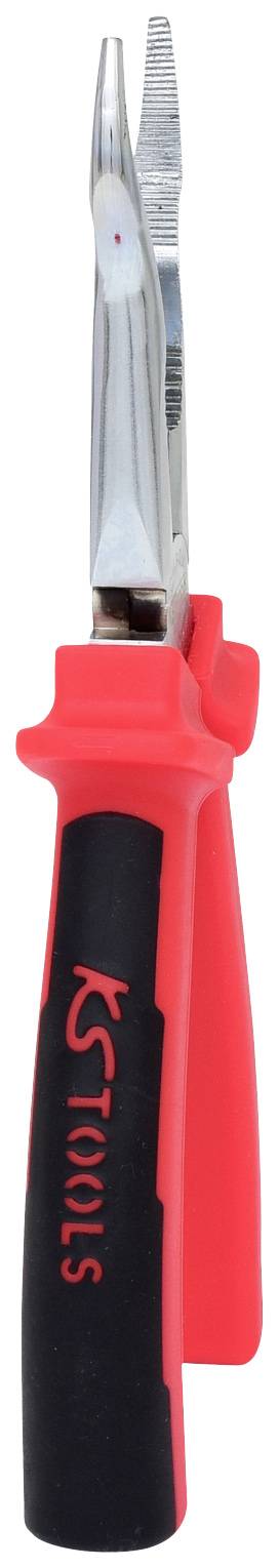 Rote Zange mit schwarzem Griff, spitze Greifer vorne. Geeignet zum Greifen und Biegen von Drähten und anderen Materialien.