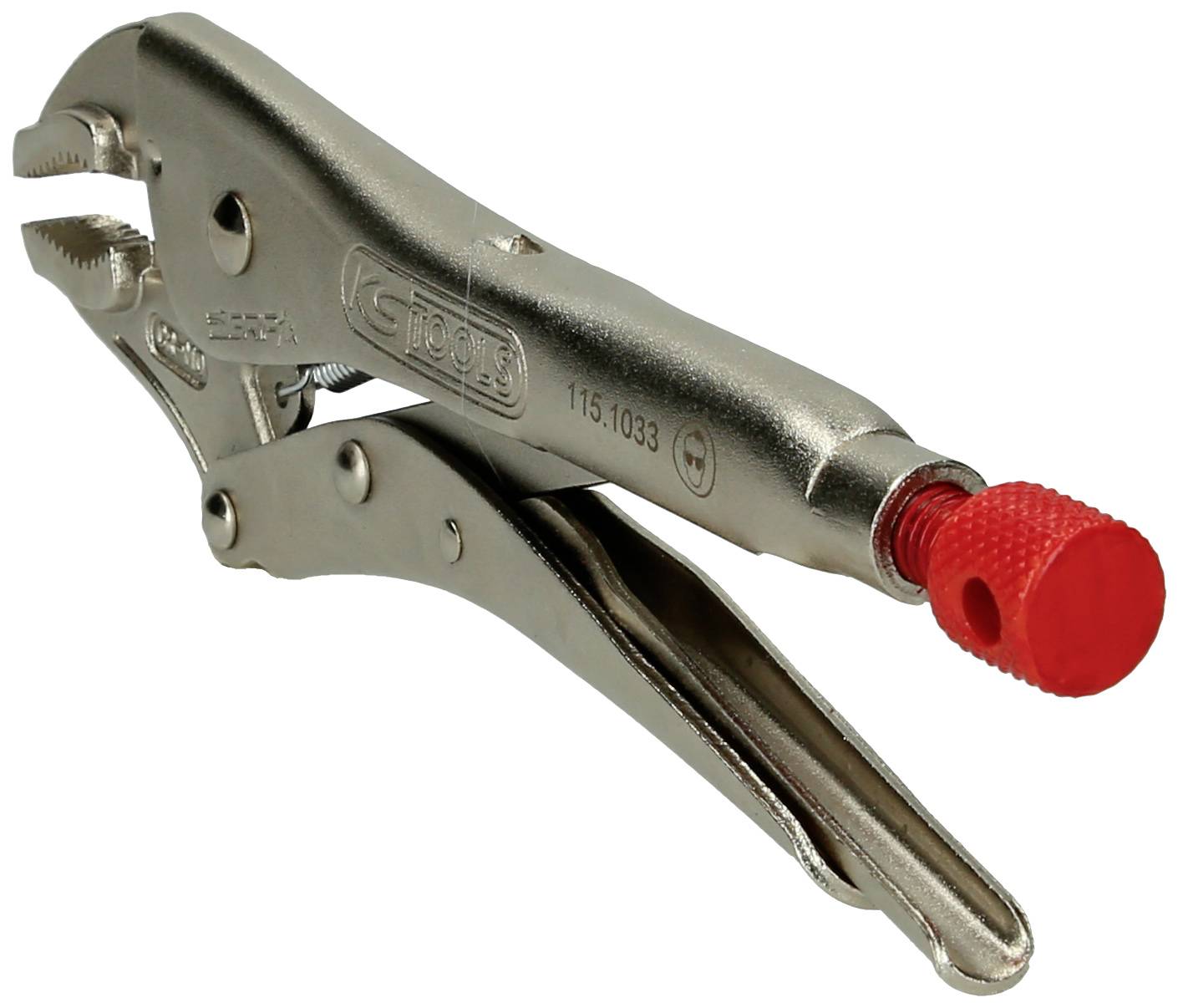 Eine silberne Feststellzange mit rotem Gummigriff, geöffnet, auf weißem Hintergrund.