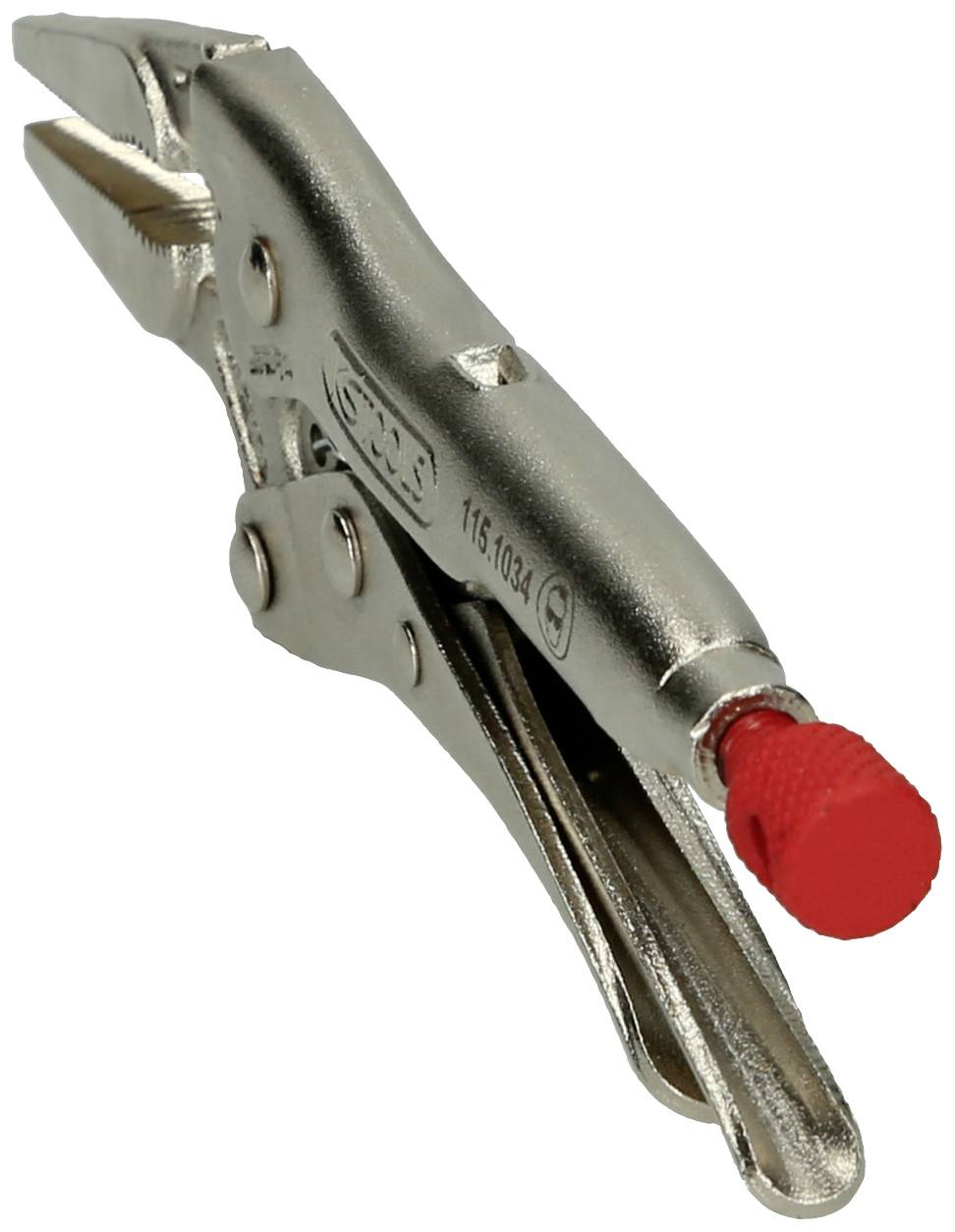 Metallische Gripzange mit roter Schraube am Griffende, geeignet zum Festhalten und Klemmen von Werkstücken bei handwerklichen Arbeiten.