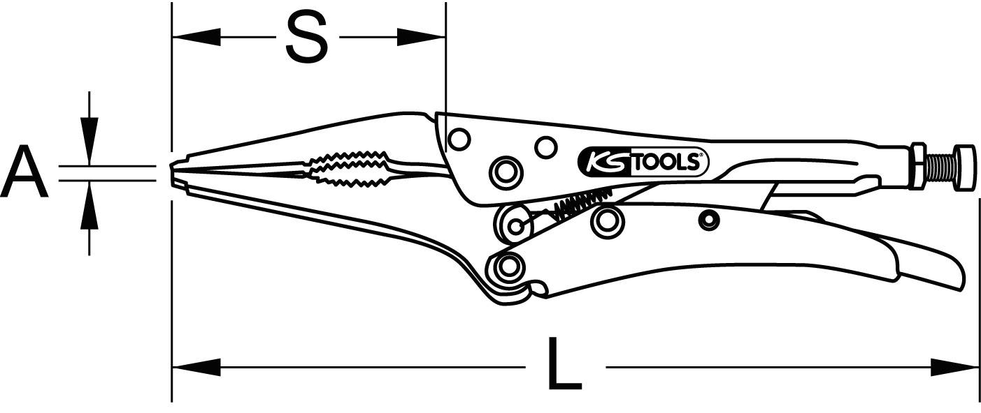'Zeichnung einer Klemmszange mit langem Kiefer. Maße A, S und L sind markiert. Logo von KS Tools sichtbar auf dem Werkzeug.'