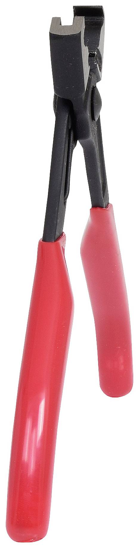 Eine rote, langstielige Zange aus Metall, die aufrecht steht. Sie hat schwarze Gelenke und wird oft für Greif- und Schneidarbeiten verwendet.