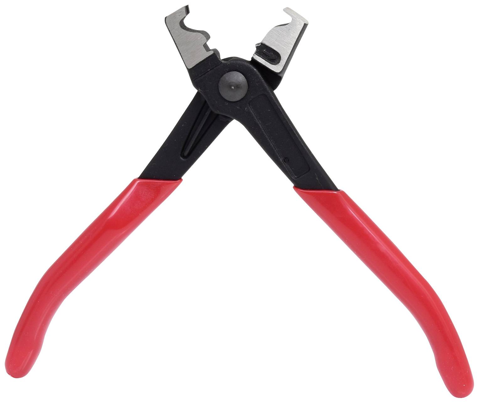 Zange mit roten Griffen und schwarzen Hebeln zum Abisolieren von Kabeln. Geeignet für präzise Elektrikerarbeiten.