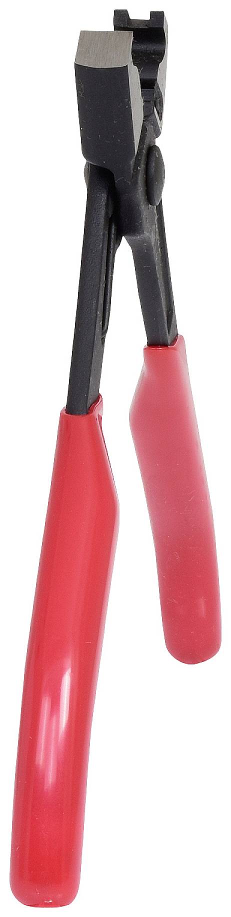 Eine Zange mit roten Griffen zum Schneiden oder Halten. Die Backen sind schwarz und robust, geeignet für handwerkliche Arbeiten.