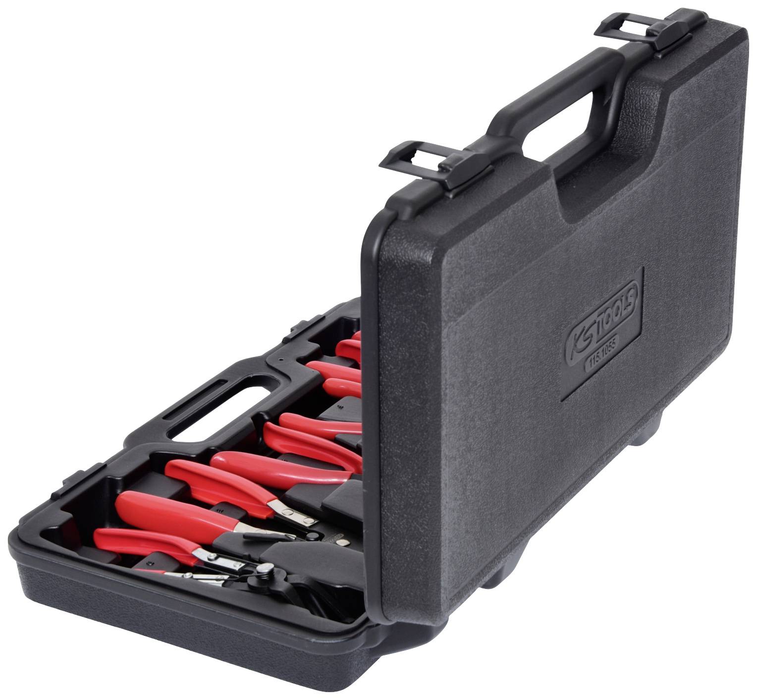 Geöffneter schwarzer Werkzeugkoffer mit roten Griffen verschiedener Zangen, bereit zur Verwendung.