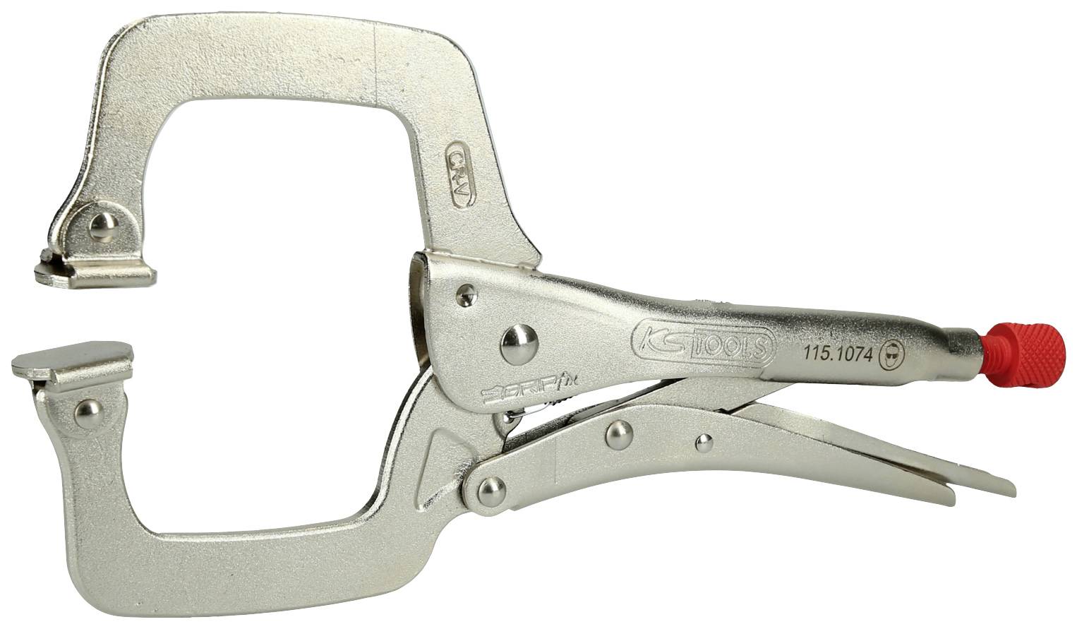 Metallische Feststellzange mit rotem Griff, geeignet zum Klemmen oder Halten von Werkstücken bei Montagearbeiten.