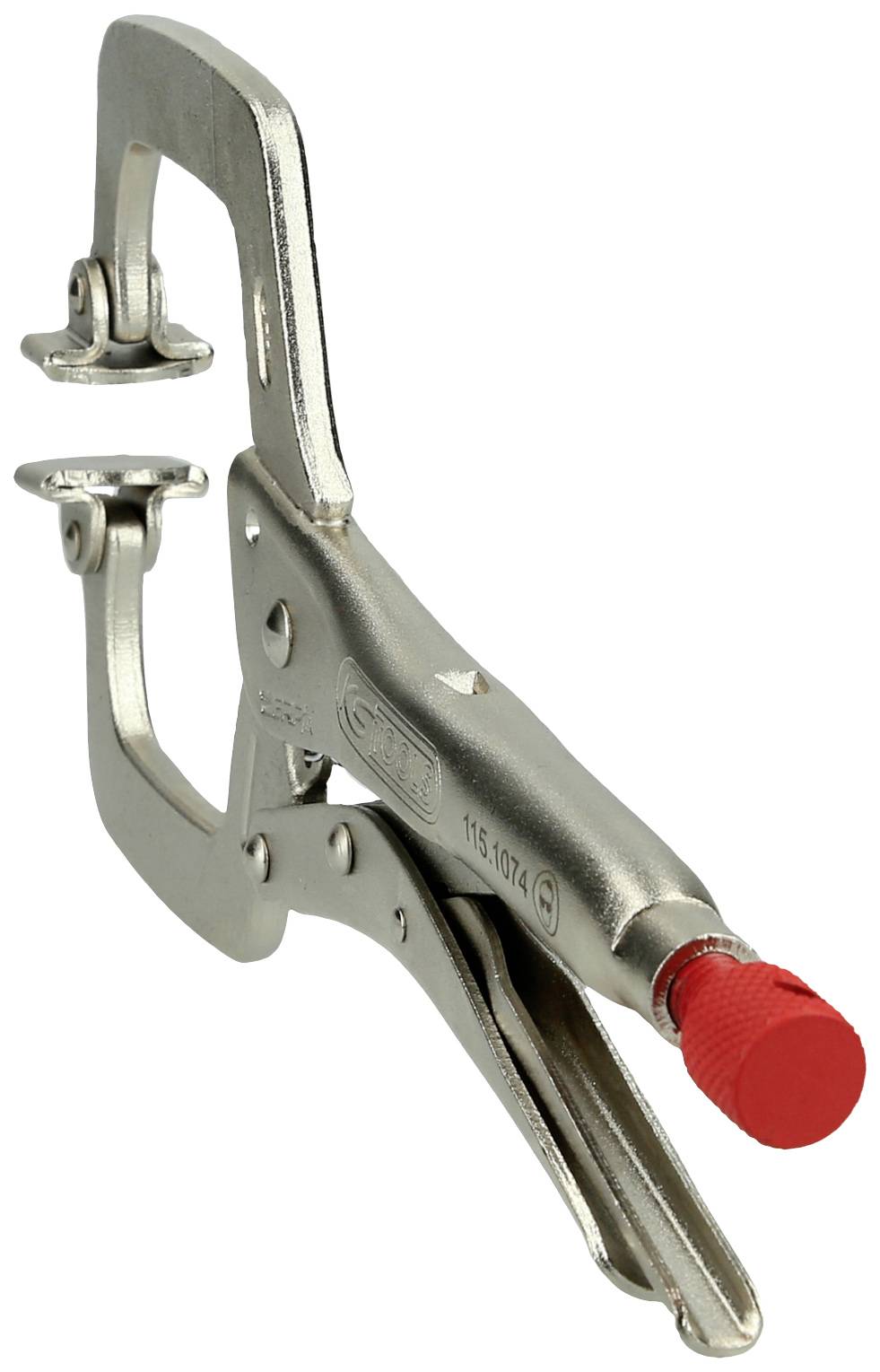 Metallische Feststellzange mit rotem Griff, geöffnet. Hauptsächlich zum Fixieren von Materialien während der Bearbeitung verwendet.