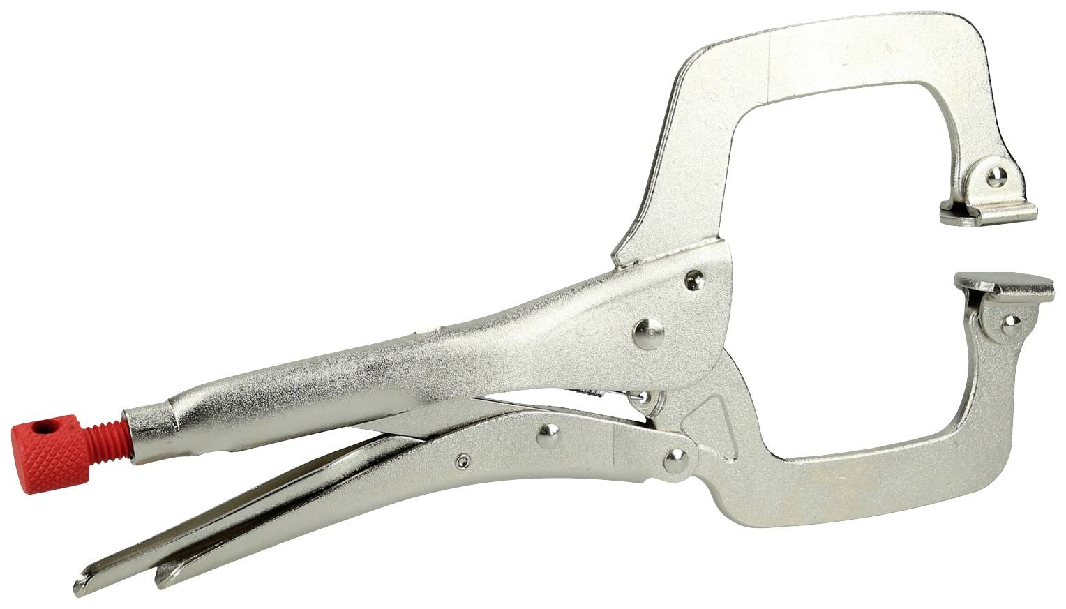 Eine Metallzwinge mit verstellbarem Griff, geeignet zum festen Fixieren von Werkstücken; rote Schrauben zum Einstellen der Spannung.
