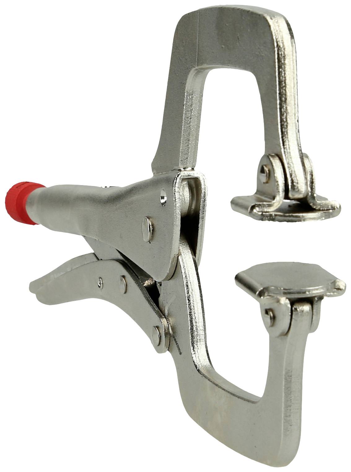 Eine Metallzwinge mit rotem Griff. Verwendet für das feste Halten von Werkstücken bei Bauarbeiten oder Reparaturen.