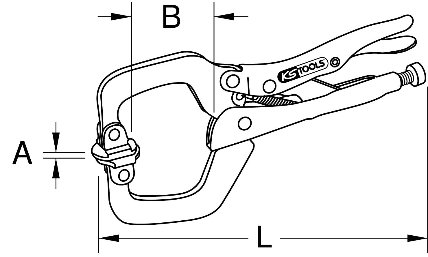 Diagramm einer Greifzange mit den Maßen 'A', 'B' und 'L'. Zeigt Griffmechanik, wichtig für technische Anwendung oder Produktauswahl.