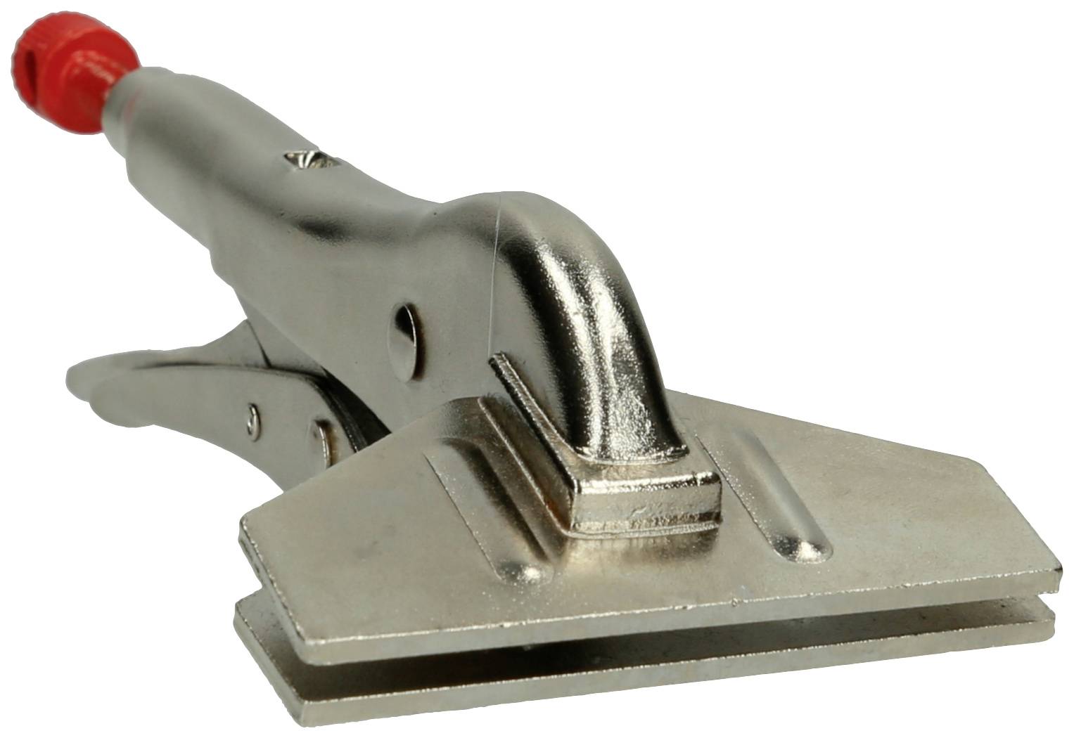 Silberne Flachzange mit rotem Griff, hauptsächlich aus Metall, für Arbeiten mit Blechen.