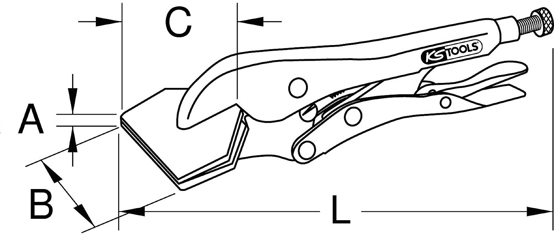 Abbildung eines Spannschraubstocks mit Maßangaben A, B, C und L, zur Darstellung der Teile und ihrer Größenverhältnisse.