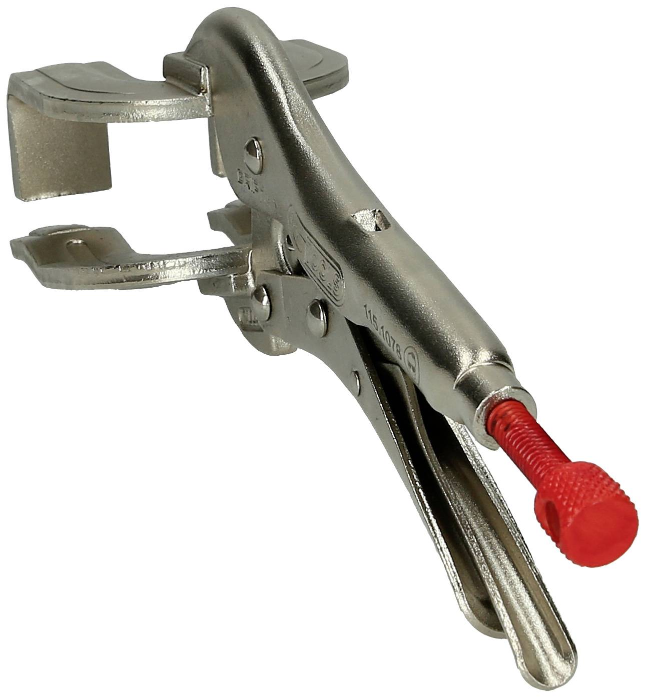 Metallzwinge in geöffneter Position mit rotem Schraubknopf am Griffende.