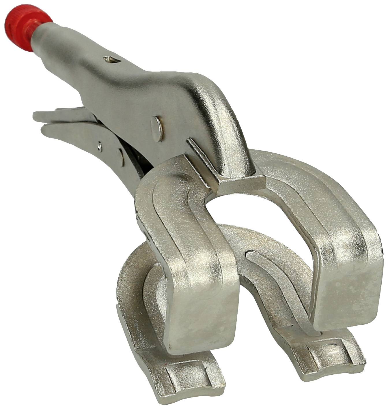Metallklemme mit rotem Griff und zwei gebogenen Greifflächen, die zum Zusammenhalten von Materialien genutzt wird.