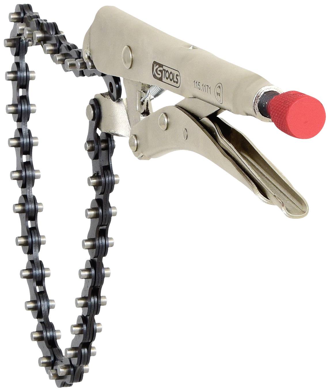 Kettenrohrzange mit rotem Griff, geeignet zum sicheren Greifen und Drehen von Rohren.