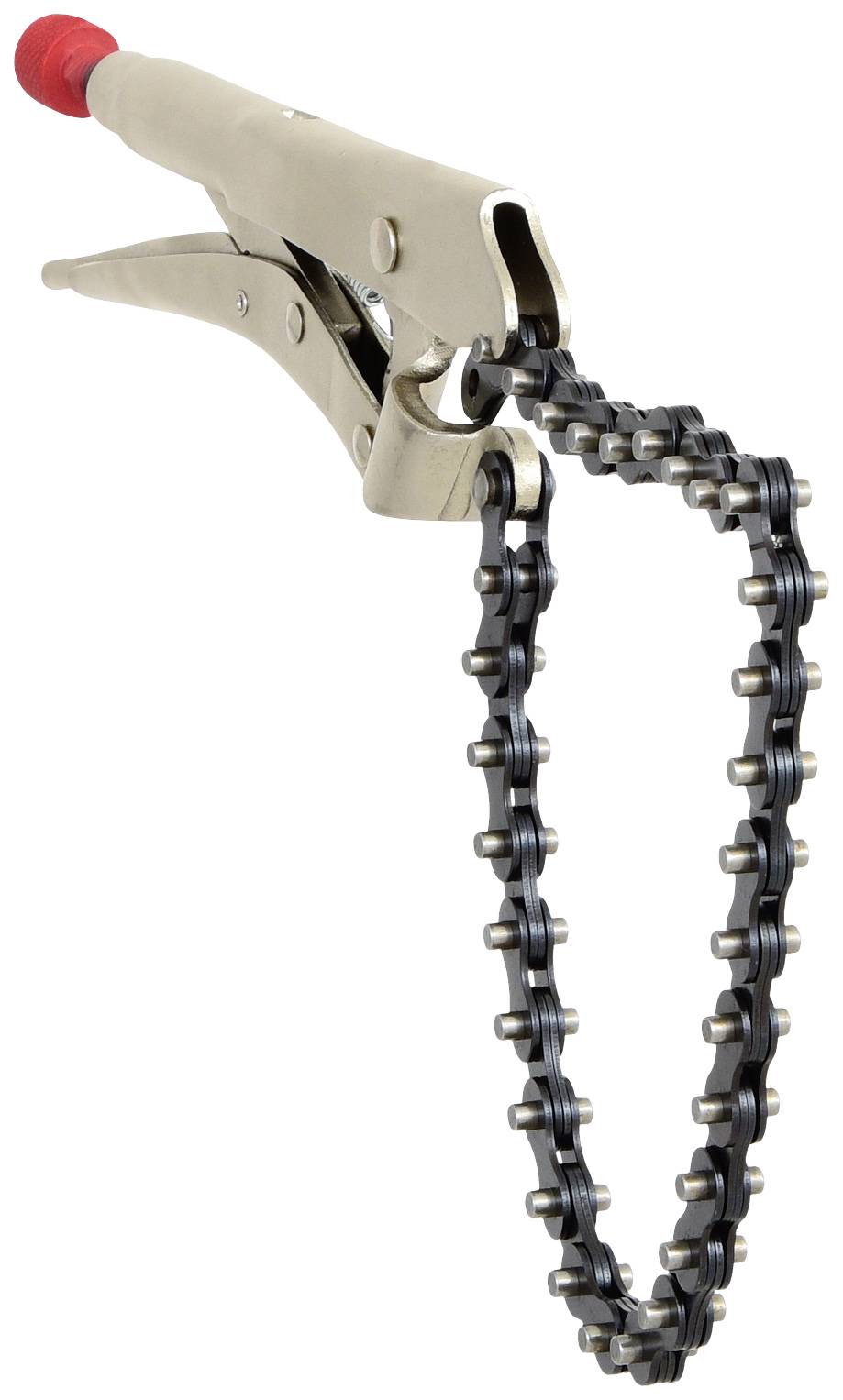 Metallische Schraubzwinge mit rotem Griff und Kettenbefestigung zur Befestigung runder Objekte.