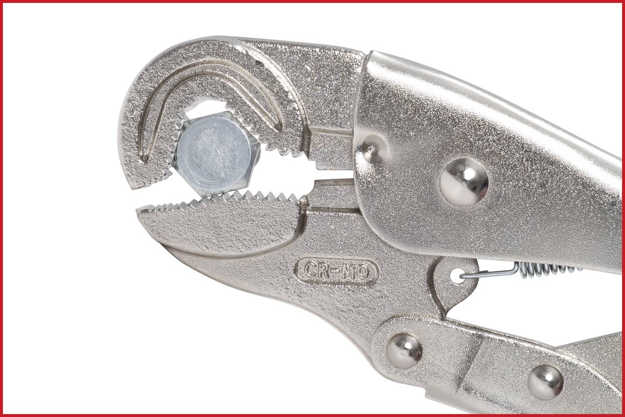 Eine silberne Greifzange hält fest eine silberne Schraube. Die Zange zeigt mechanische Stabilität und Anpassungsfähigkeit.