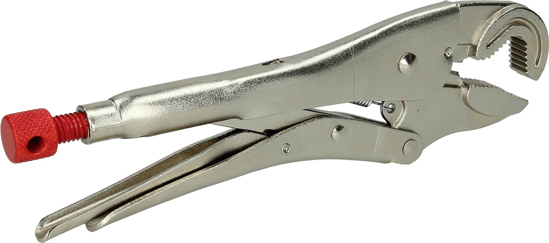 Metallene Klemmzange mit rotem Schraubknopf am Ende des Griffs. Eignet sich zum Klemmen und Fixieren von Werkstücken.