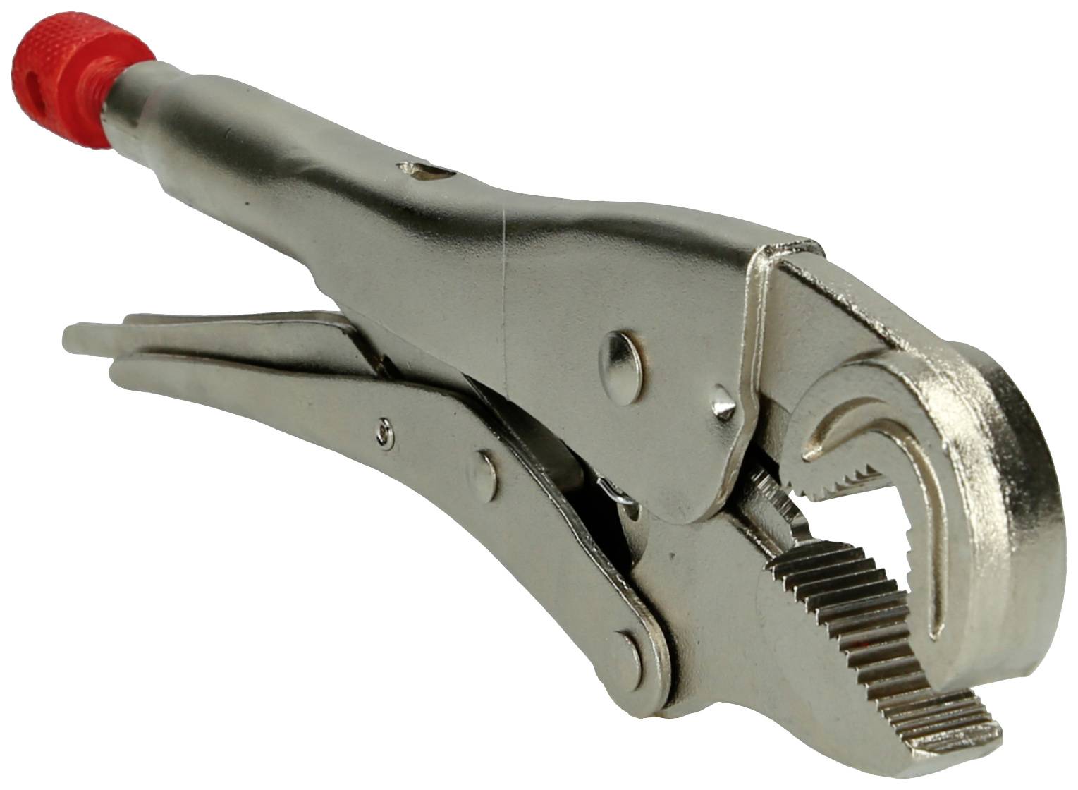 Eine Metall-Rohrzange mit rotem, gummiertem Ende. Geeignet für Klempnerarbeiten zur Befestigung und Drehung von Rohren oder Schrauben.