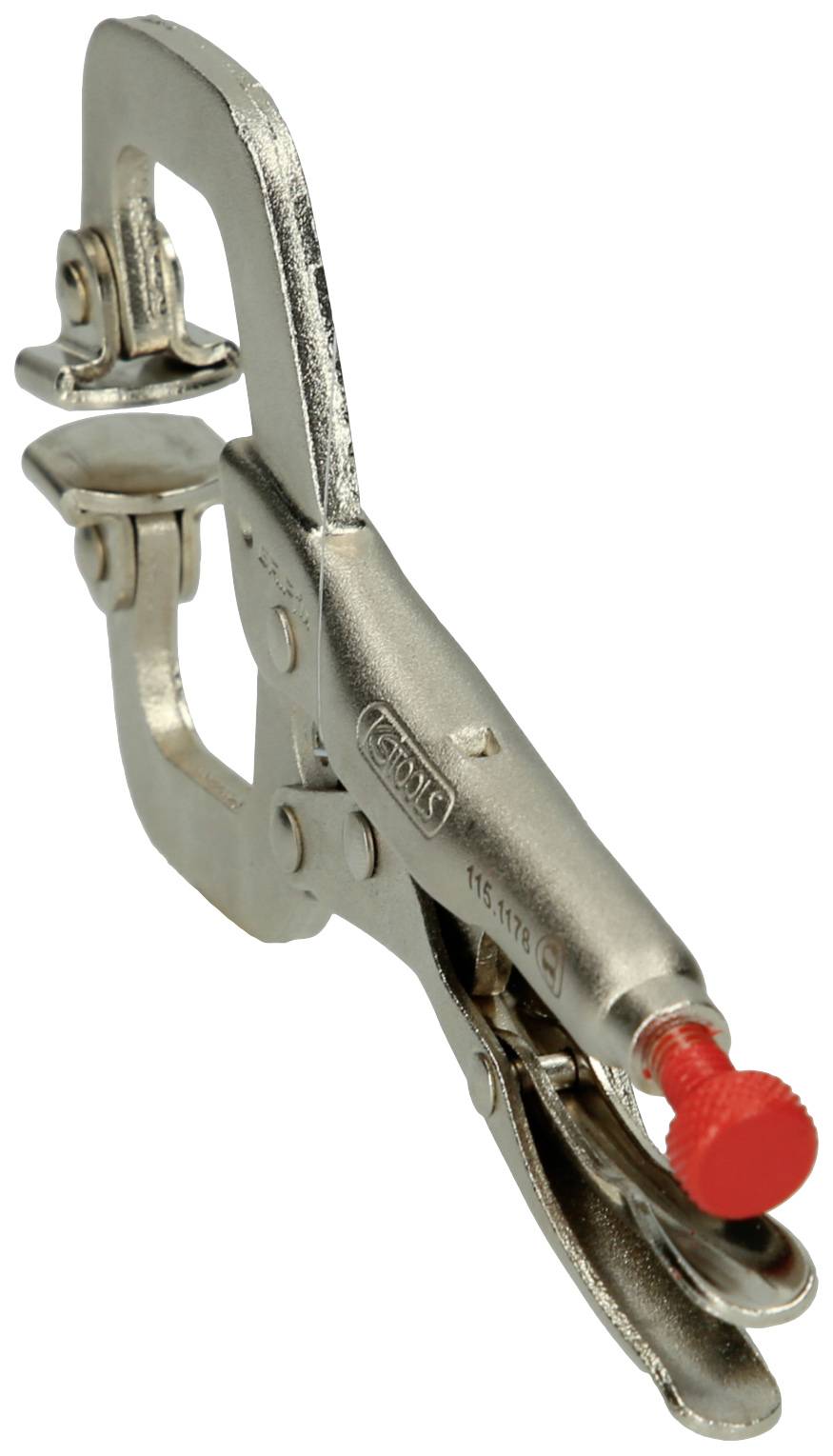 Metallzwinge mit rotem Griff, Hebelmechanismus und feststellbarer Klemme, ideal für Werkstattarbeiten.