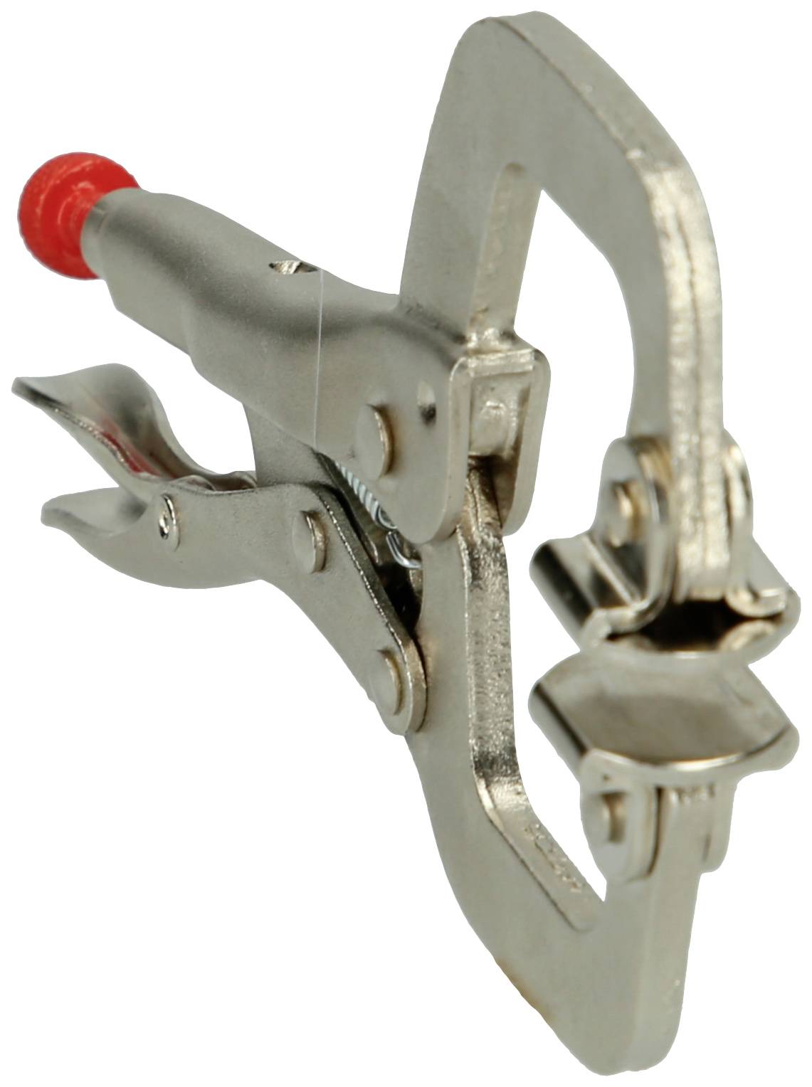 Metallzwinge mit roter Kappe an einem Griff, dient zum fixieren oder halten von Gegenständen.