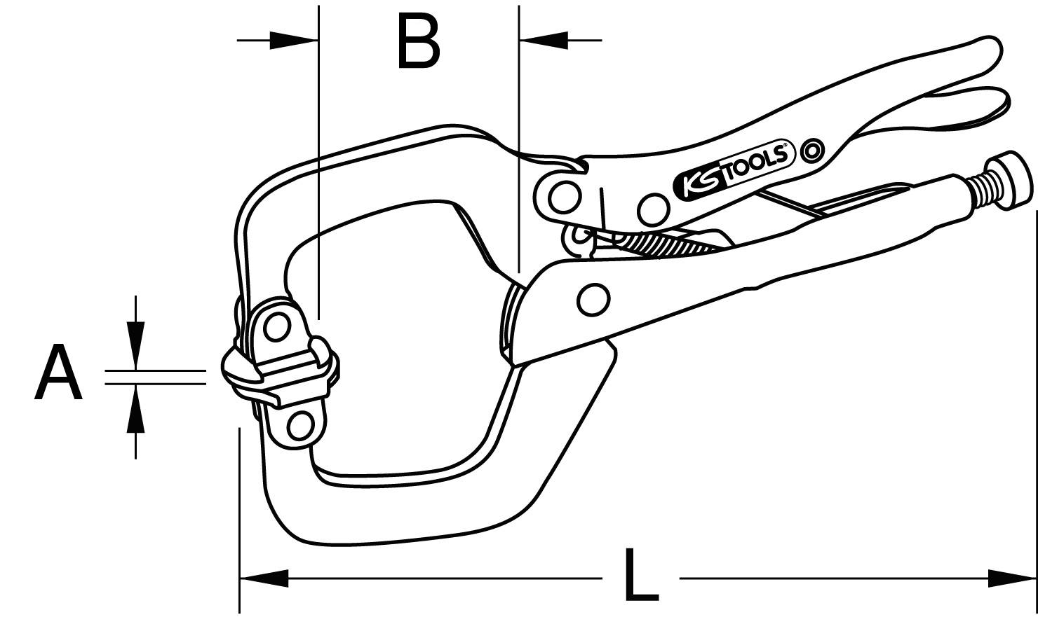 Abbildung einer Klemmzange mit den Maßen A, B und L. Die Zange ist mit einem Schraubmechanismus ausgestattet und ermöglicht sicheren Halt.
