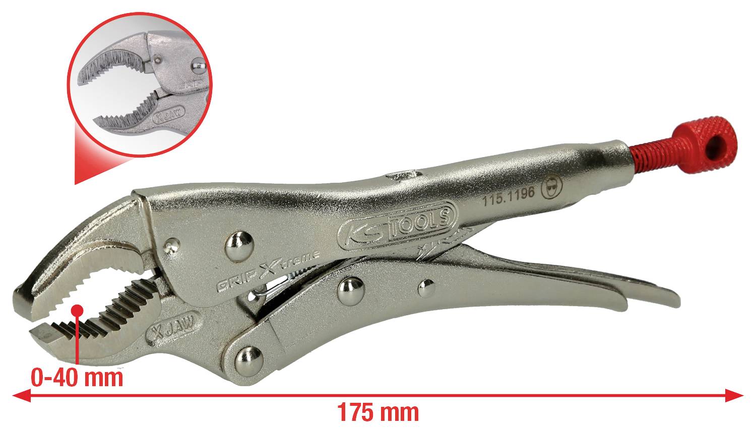 Eine silberne Gripzange, 175 mm lang, mit roter Stellschraube. Spannbereich 0-40 mm. Vergrößerte Ansicht der gezahnten Greifbacken.