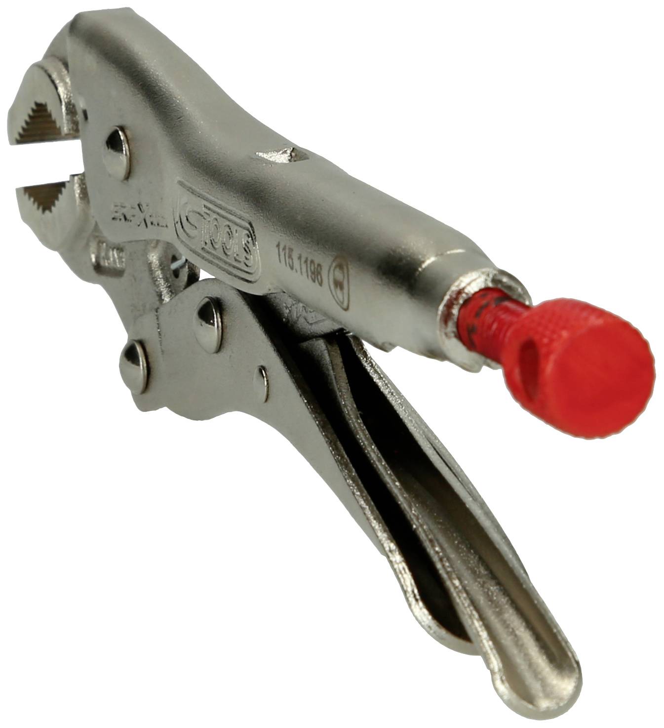 Metallzange mit rotem Griff zur Verriegelung, geeignet für festen Halt und präzises Arbeiten bei mechanischen Aufgaben.