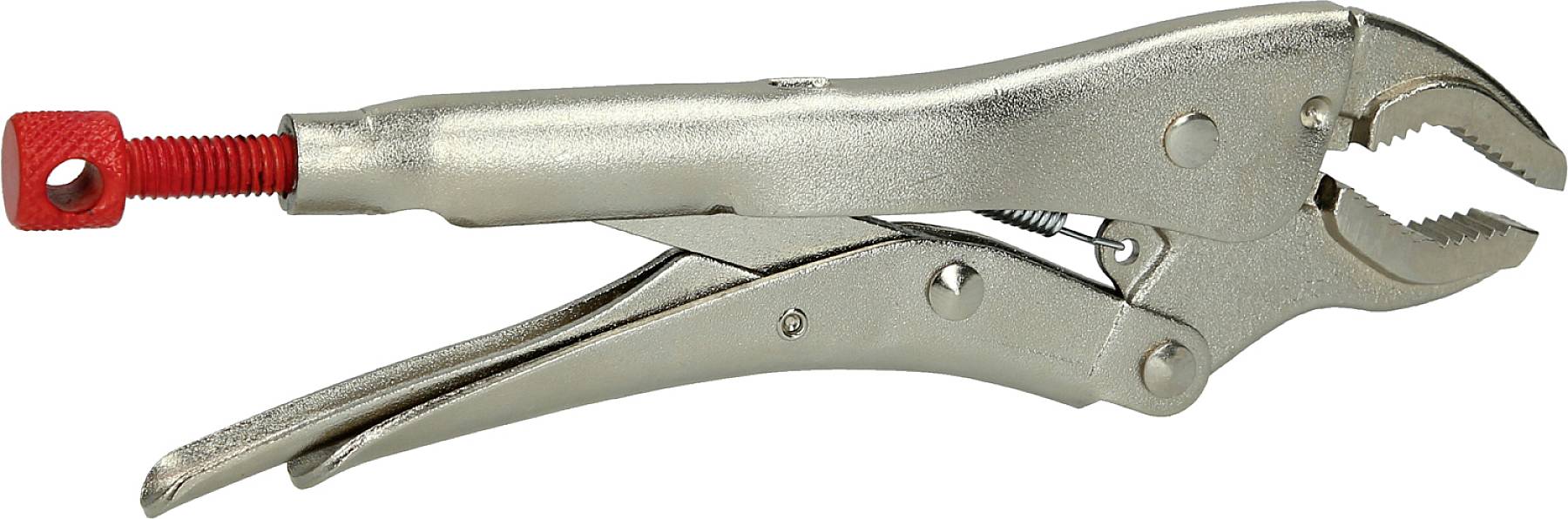 Metallische Gripzange mit feststellbarem Mechanismus und geriffeltem Griff zum Halten oder Klemmen von Werkstücken.
