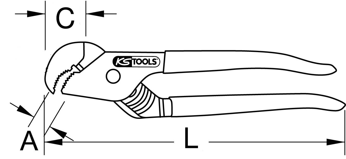 Eine Zange mit markiertem Winkel 'A', Länge 'L' und Öffnung 'C', geeignet zum Greifen und Festhalten verschiedener Materialien.