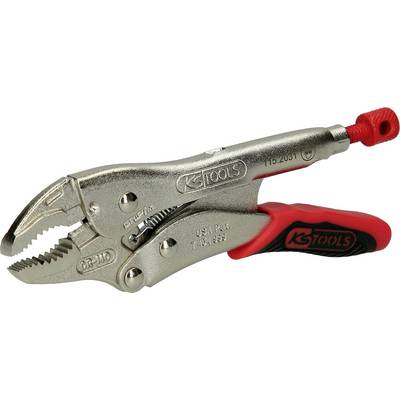 Metallische Gripzange mit rotem Gummigriff und Markenaufschrift, geeignet für festes Greifen und Halten von Objekten.