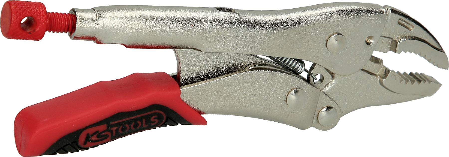 Eine silberne Feststellzange mit rotem Griff. Der Griff hat die Aufschrift 'KS TOOLS'. Ideal für Greif- und Haltearbeiten.