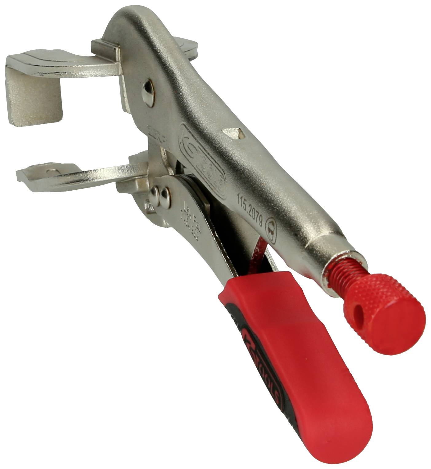 Metallische Klemmschraube mit rotem Griff. Verwendet zum festen Halten von Werkstücken bei handwerklichen Tätigkeiten.